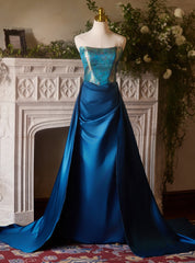 Sexy Blue Satin Strapless Pleats Prom Dresses