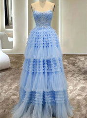 Sexy Blue Tulle Spaghetti Straps Appliques Beading Prom Dresses