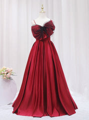 Sexy Burgundy Satin Spaghetti Straps Bow Prom Dresses