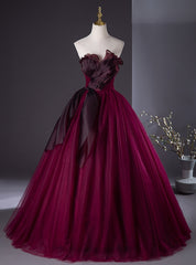 Sexy Burgundy Tulle Strapless Pleats Prom Dresses