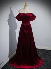 Sexy Burgundy Velvet Off the Shoulder Pleats Prom Dresses