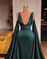 Sexy Deep V-Neck Sleeveless Long Evening Gowns Mermaid Prom Dresses With Ruffles