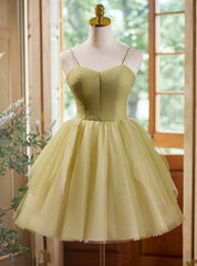 Sexy Green Tulle Spaghetti Straps Pleats Homecoming Dresses