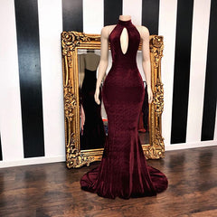 Sexy Halter V-neck Mermaid Prom Dresses Burgundy Long Chiffon