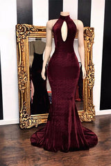 Sexy Halter V-neck Mermaid Prom Dresses Burgundy Long Chiffon