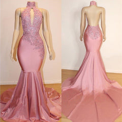 Sexy High Collar Mermaid Prom Dresses Sequins Pink Long Backless