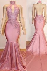 Sexy High Collar Mermaid Prom Dresses Sequins Pink Long Backless