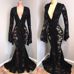 Sexy Long Sleeves Black Mermaid Prom Dresses Lace V-neck Long