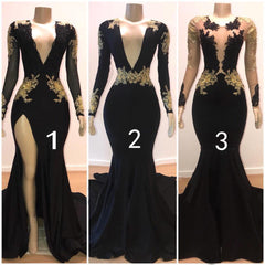 Sexy Long Sleeves Black Mermaid Prom Dresses Sequins Long Deep V-neck With Split