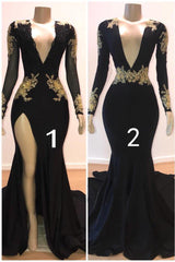 Sexy Long Sleeves Black Mermaid Prom Dresses Sequins Long Deep V-neck With Split