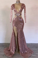 Sexy Long Sleeves Pink Mermaid Prom Dresses Sequins V-neck Long With Split