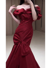 Sexy Mermaid Off The Shoulder Burgundy Satin Floor Length Evening Dresses Prom Dresses