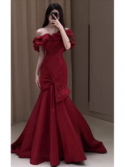 Sexy Mermaid Off The Shoulder Burgundy Satin Floor Length Evening Dresses Prom Dresses