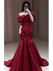 Sexy Mermaid Off The Shoulder Burgundy Satin Floor Length Evening Dresses Prom Dresses