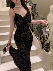 Sexy Mermaid Spaghetti Straps Black Sequin Evening Dress Prom Dresses