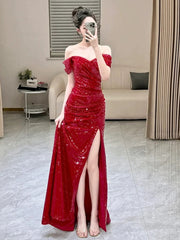 Sexy Mermaid Sweetheart Red Off The Shoulder Sequin Slit Floor Length Evening Dresses Prom Dresses