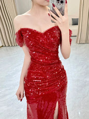 Sexy Mermaid Sweetheart Red Off The Shoulder Sequin Slit Floor Length Evening Dresses Prom Dresses