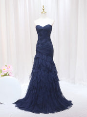 Sexy Navy Blue Mermaid Tulle Strapless Pleats Prom Dresses