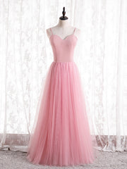 Sexy Pink Tulle Spaghetti Straps Prom Dresses