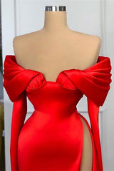 Sexy Red Long Sleeves Mermaid Prom Dresses Off-the-Shoulder With Slit