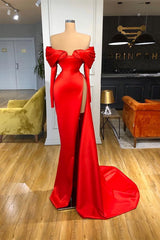 Sexy Red Long Sleeves Mermaid Prom Dresses Off-the-Shoulder With Slit