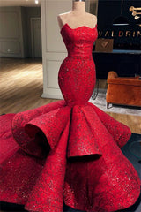 Sexy Red Strapless Mermaid Prom Dress Sequins Long