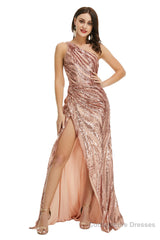 Rose Gold One Shoulder with Side Slit Prom Dresses