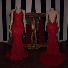 Sexy Spaghetti Straps Red Mermaid Prom Dress Sequins Chiffon Long