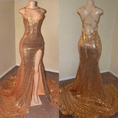 Sexy Spaghetti Straps V-Neck Mermaid Prom Dresses Sequins Long Chiffon Gold With Split