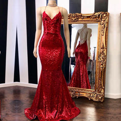 Sexy Spaghetti Straps V-Neck Mermaid Prom Dresses Sequins Red Long