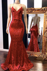 Sexy Spaghetti Straps V-Neck Mermaid Prom Dresses Sequins Red Long