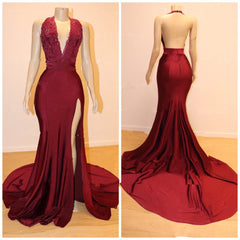 Sexy V-neck Chiffon Mermaid Prom Dresses Sequins Long Backless With Split