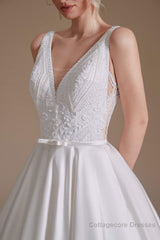 V Neck Sleeveless Satin Handmade Back Wedding Dresses