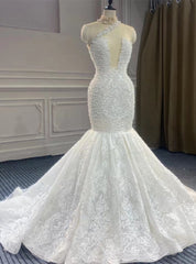 Sexy White Mermaid Lace Pearls Wedding Dresses With Detachable Train