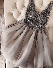 Luxurious Sequins Beaded V Neck Tulle Short V Back Gray Prom Dress, Homecoming Dress