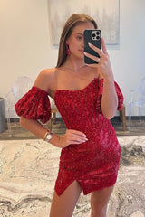 Sheath/Column Detachable Sleeves Sequins Burgundy Short Homecoming Dresses