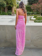 Sheath/Column Halter Floor-Length Velvet Sequins Prom Dresses With Leg Slit