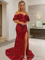 Sheath/Column Off-the-Shoulder Court Train Velvet Sequins Prom Dresses With Leg Slit