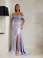 Sheath/Column Off-the-Shoulder Sweep Train Elastic Woven Satin Prom Dresses With Leg Slit