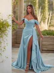 Sheath/Column Off-the-Shoulder Sweep Train Jersey Prom Dresses With Leg Slit