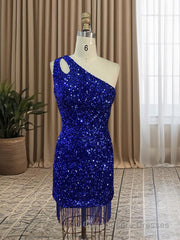 Sheath/Column One-Shoulder Short/Mini Velvet Sequins Homecoming Dresses