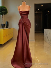 Sheath/Column Spaghetti Straps Floor-Length Elastic Woven Satin Prom Dresses With Ruffles