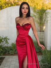 Sheath/Column Sweetheart Sweep Train Elastic Woven Satin Prom Dresses With Leg Slit