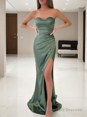 Sheath/Column Sweetheart Sweep Train Silk like Satin Prom Dresses With Leg Slit