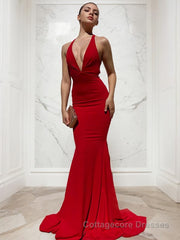 Sheath/Column V-neck Sweep Train Jersey Prom Dresses With Ruffles