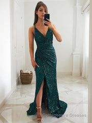 Sheath/Column V-neck Sweep Train Sequins Prom Dresses With Leg Slit