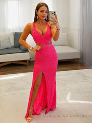 Sheath/Column V-neck Sweep Train Velvet Sequins Evening Dresses With Leg Slit