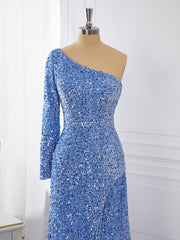 Sheath Long Sleeves Velvet Sequins One-Shoulder Sweep Train Dress