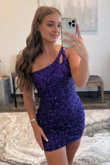 Sheath One Shoulder Purple Sequins Short Homecoming Dresses