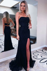 Sheath Strapless Black Sequins Long Prom Dresses with Split Front